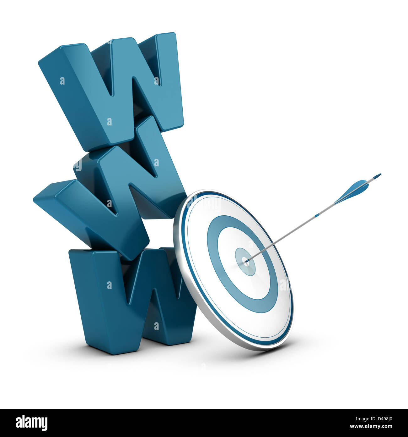 WWW 3D blaue Briefe Stapeln auf weißem Hintergrund mit ein Ziel und einen Bogen schlagen das Zentrum Stockfoto