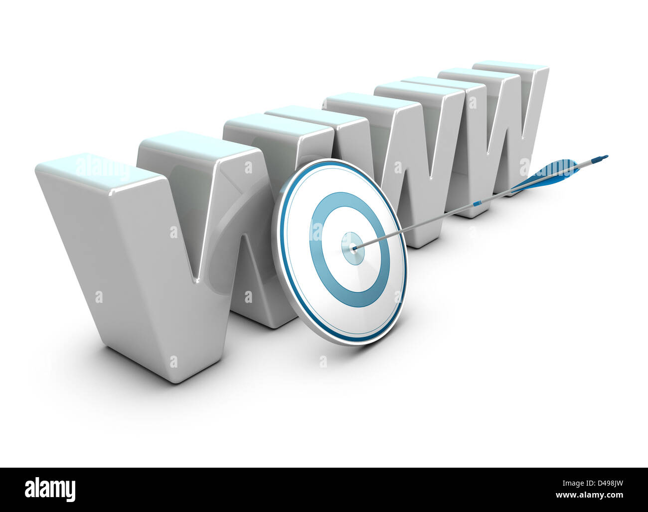 WWW 3D Buchstaben auf weißem Hintergrund mit ein Ziel und einen Bogen schlagen das Zentrum Stockfoto