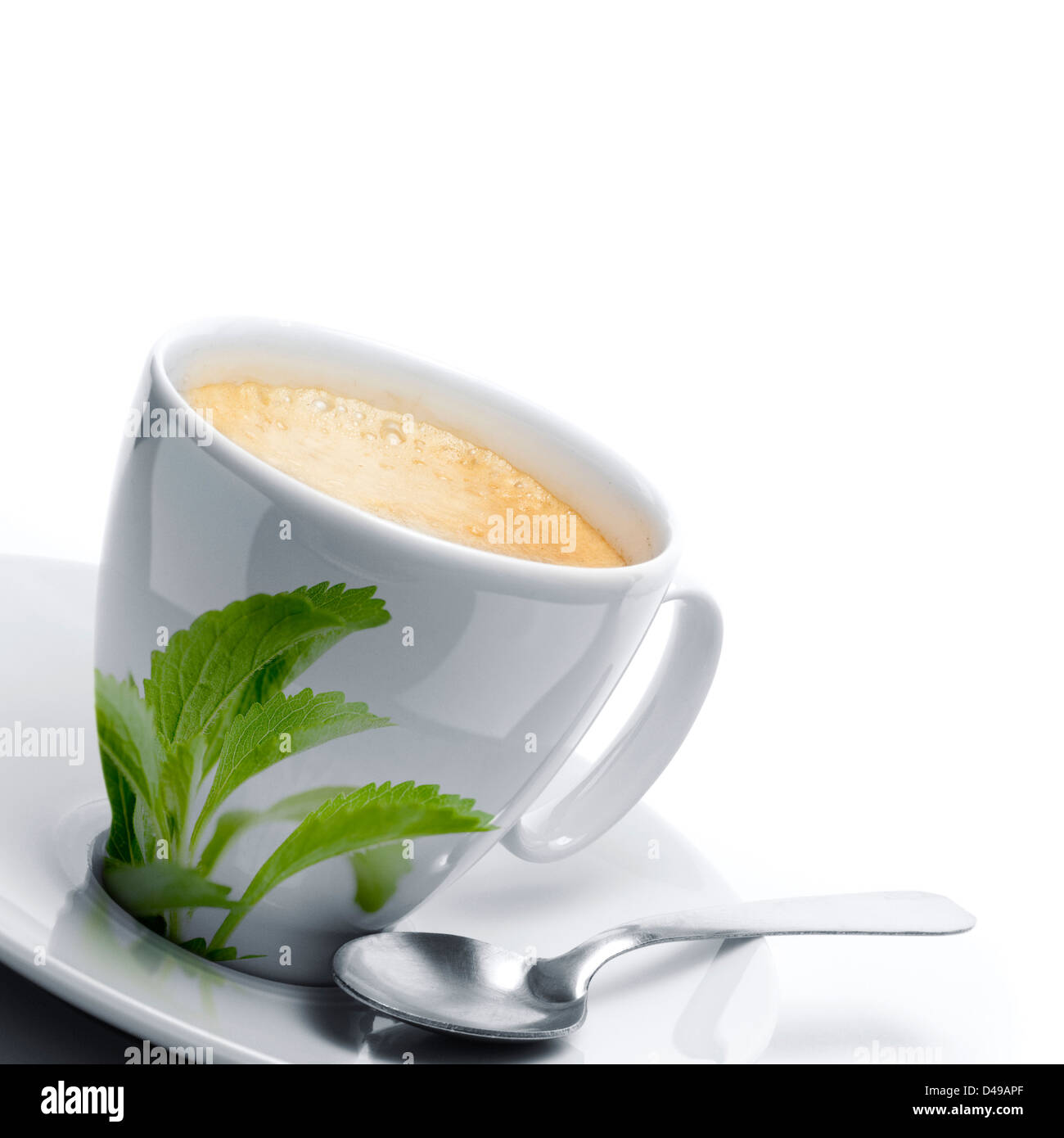 Tasse Kaffee mit Stevia Rebaudiana Blätter sowie einen Löffel verziert. Weißen Hintergrund Rahmen einer Seite linken Winkel Stockfoto
