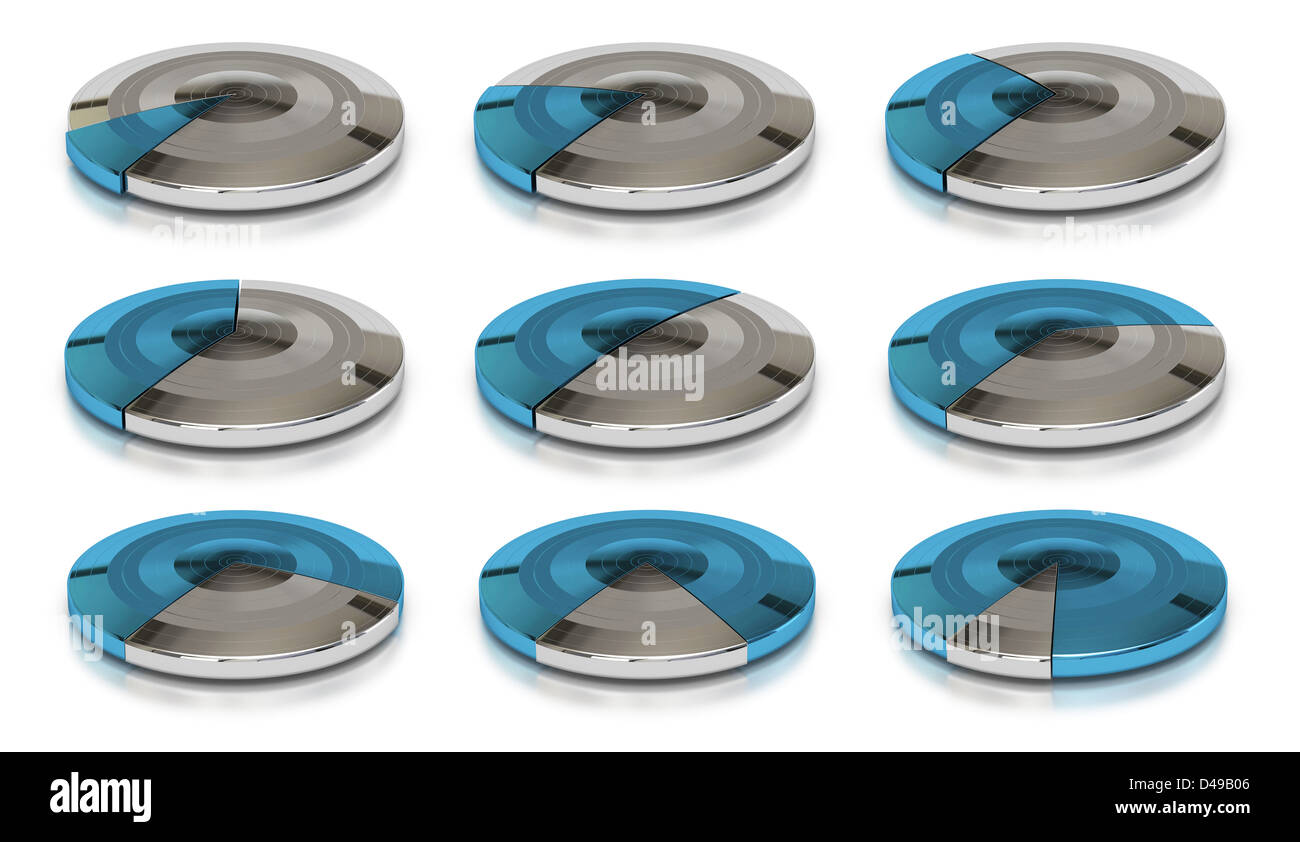 Unternehmen moderne Kreisdiagramme auf einem weißen Hintergrund mit verschiedenen Wert in Prozent, zehn, zwanzig, dreißig, vierzig, fünfzig, sechzig, seve Stockfoto