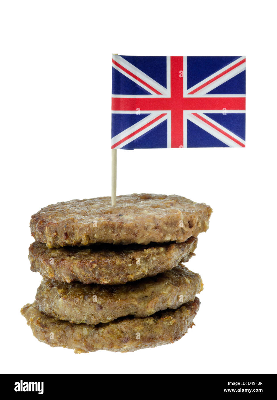 Rindfleisch-Burger mit Union Jack-Flagge. Stockfoto