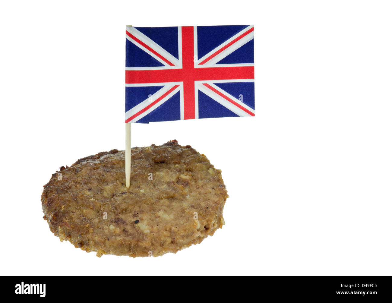 Rindfleisch-Burger mit Union Jack Flagge. Stockfoto
