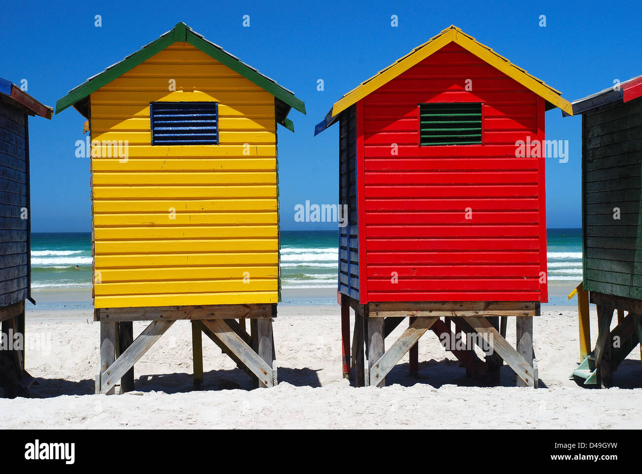 Farbige Strandhütten. Muizenberg. Western Cape. Südafrika Stockfoto