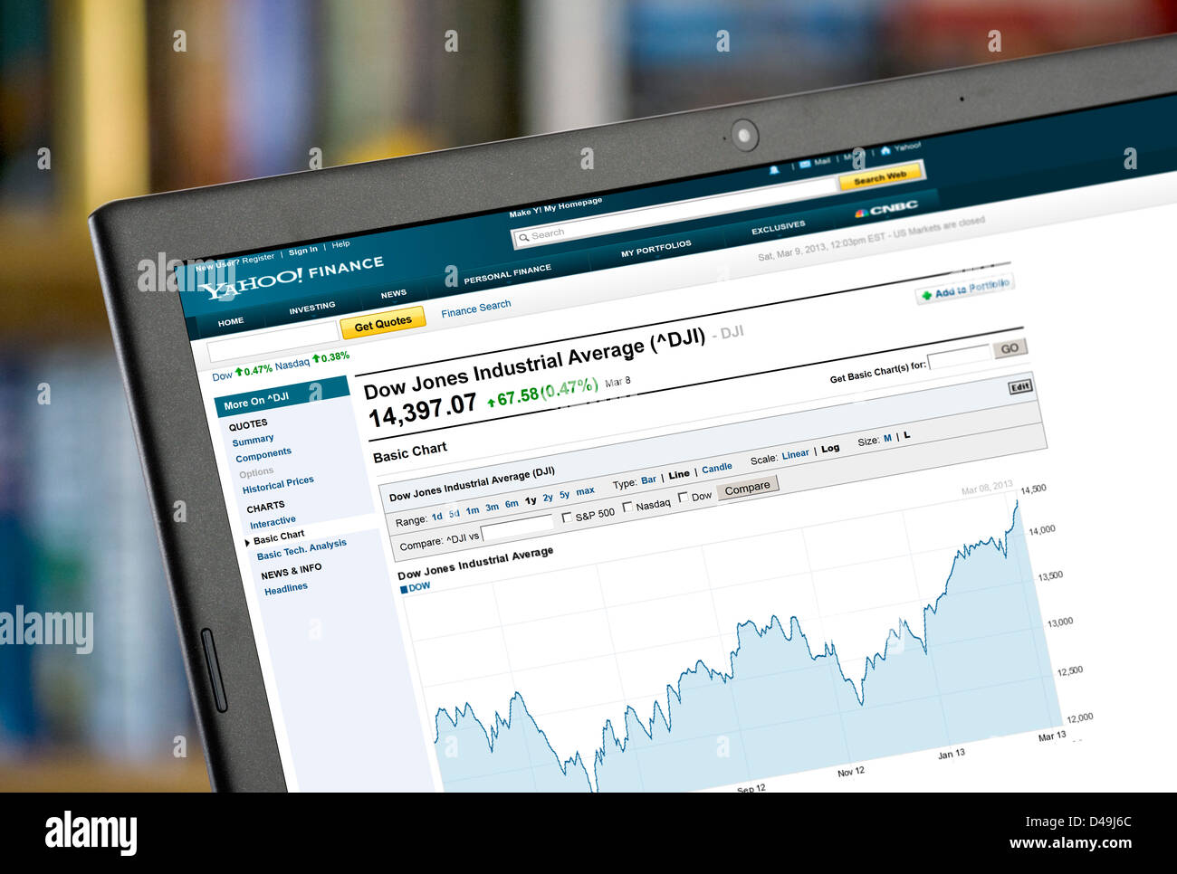Yahoo Finanzen-Diagramm zeigt den Anstieg der Dow Jones Industrial Average bis 8. März 2013 über einen Zeitraum von 1 Jahr Stockfoto