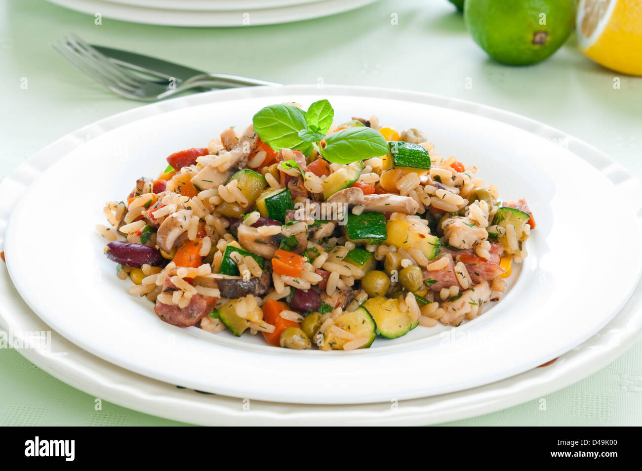 Risotto mit Huhn und Gemüse auf weißen Teller Stockfoto