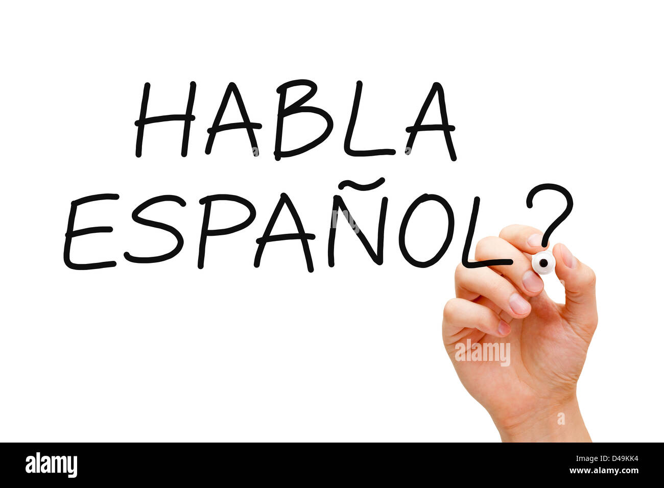 Handschrift Habla Espanol? Frage mit schwarzem Filzstift auf transparente wischen. Stockfoto