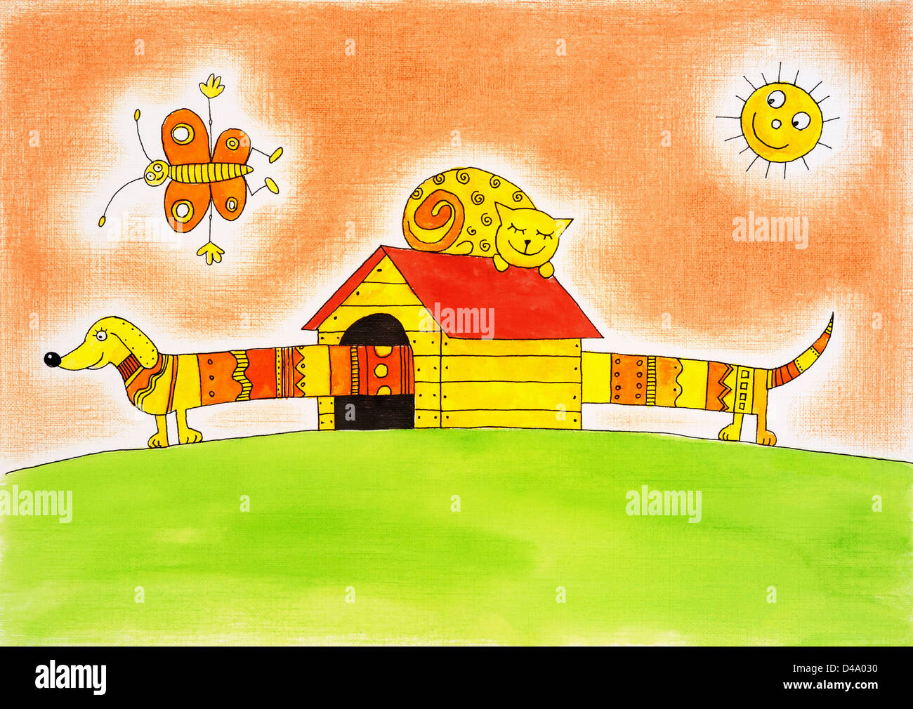 Lustiger Hund und Katze, Kinder Zeichnung, Aquarell auf Papier