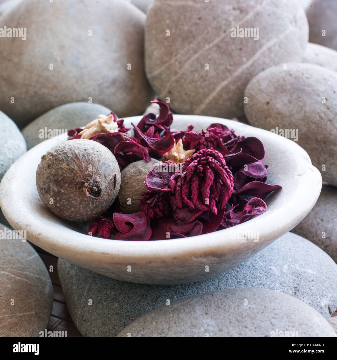 Blume-Potpourri auf Zen Steinen Stockfoto