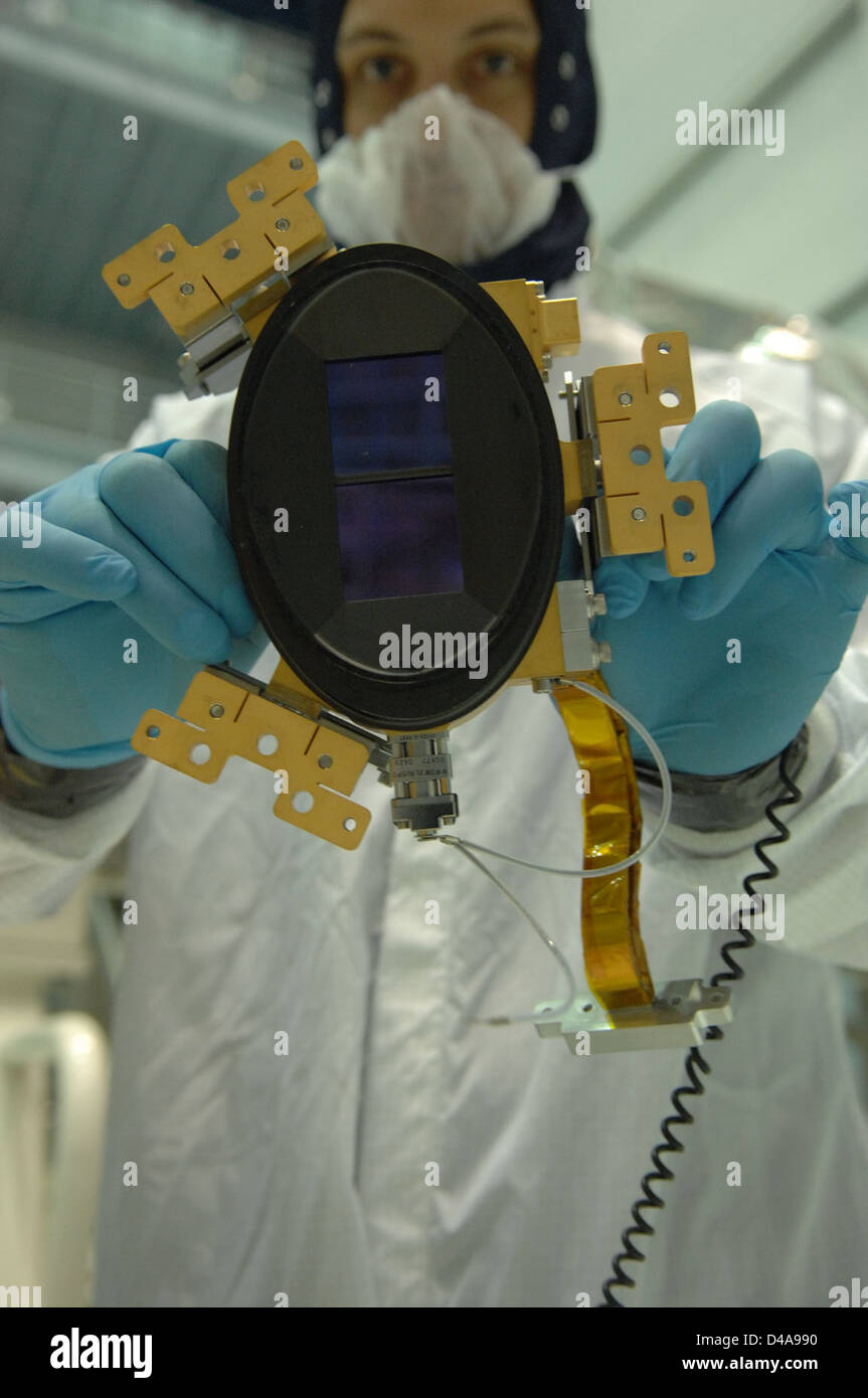 Der NIRSpec-Detektor (Near-Infrared Spectrograph), ein Schlüsselinstrument an Bord des James Webb Space Telescope (JWST), wird detaillierte Infrarotspektren liefern, um das frühe Universum und entfernte Galaxien zu untersuchen, ein Nachfolger des Hubble Space Telescope. Stockfoto