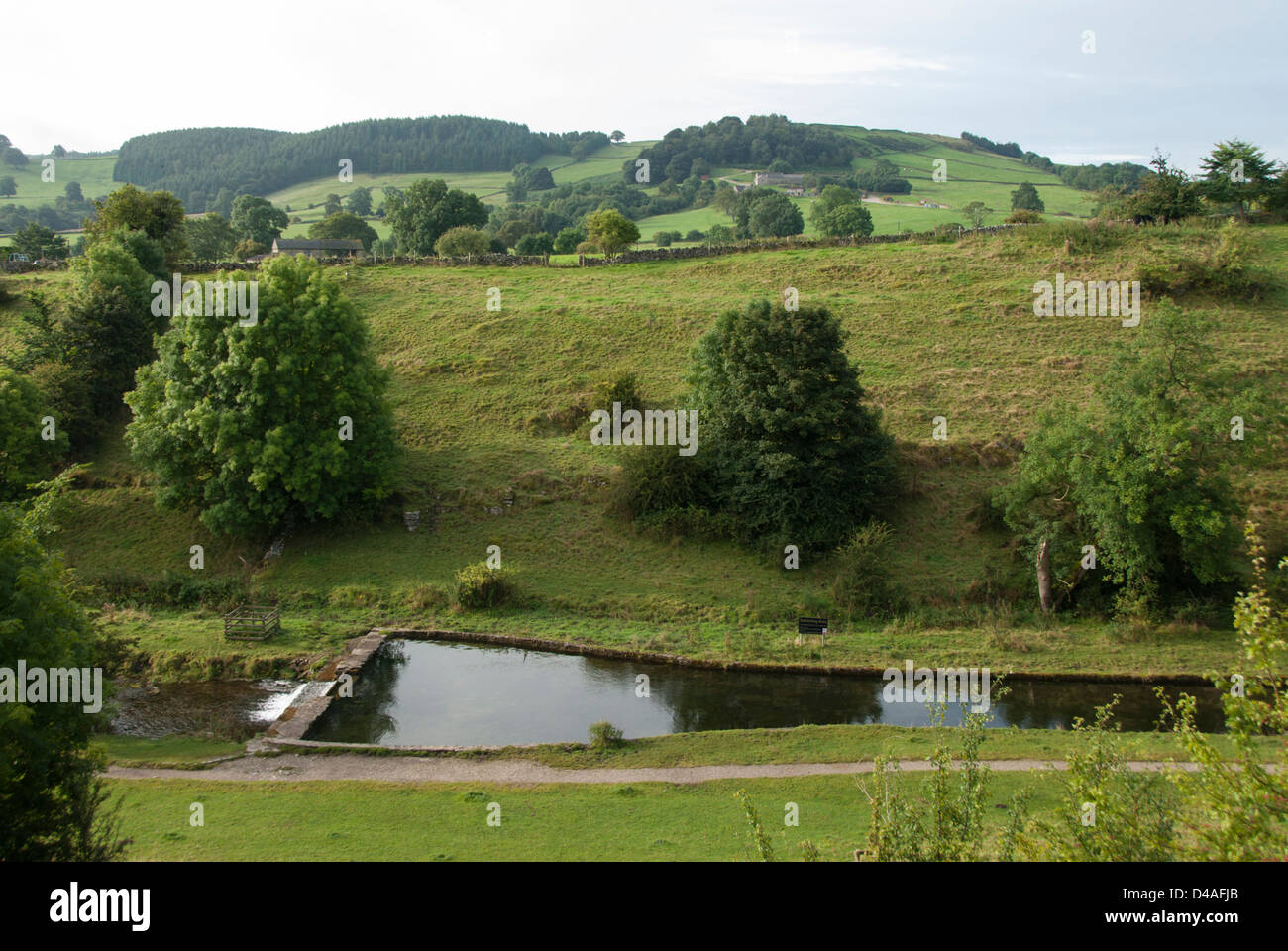 Landschaft mit dem Fluss in der Nähe von lathkill Youlgreave Derbyshire mit einem Damm, England Großbritannien Stockfoto