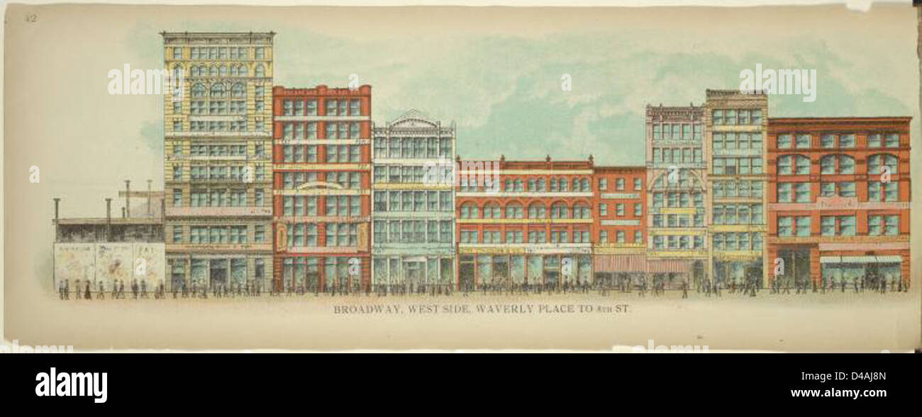 Ein Foto aus dem Jahr 1899, das den Broadway auf der West Side von New York City zeigt und Straßenszenen, Gebäude und das urbane Leben zwischen Waverly Place und 8th Street festnimmt. Stockfoto