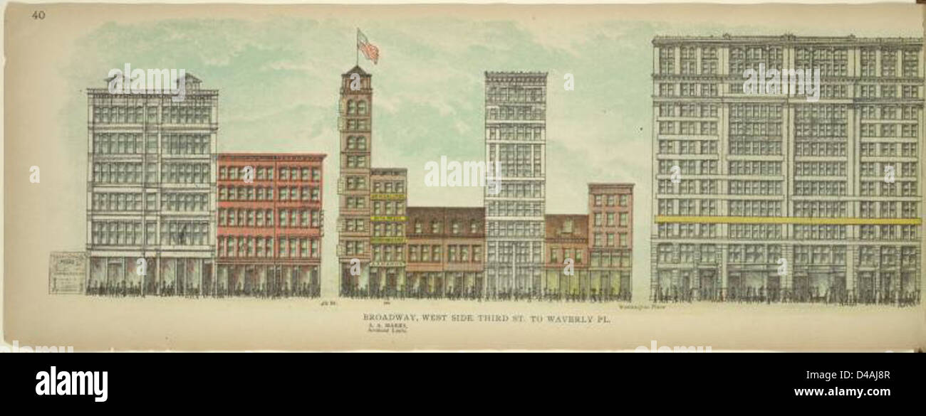 Dieses 1899 erfasste Bild zeigt die West Side des Broadway von der Third Street bis zum Waverly Place in New York City und hebt die architektonischen und urbanen Merkmale der Gegend hervor. Stockfoto