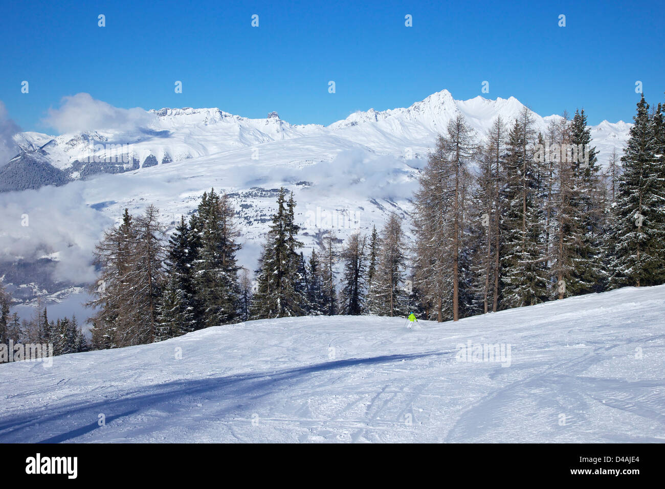 La Foret blaue Piste am frühen Morgen, Les Arcs, Savoie, Frankreich, Europa Stockfoto