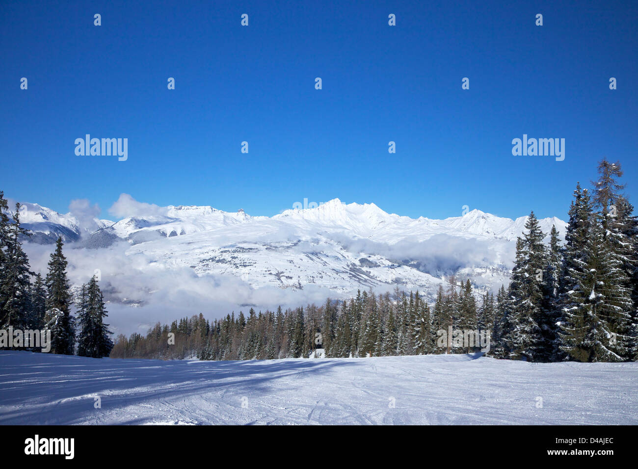 La Foret blaue Piste am frühen Morgen, Les Arcs, Savoie, Frankreich, Europa Stockfoto