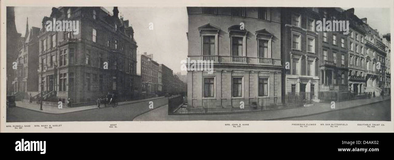 Dieses Bild aus dem Jahr 1911 zeigt die architektonischen Komponenten von Gebäuden in der West 49th Street, New York, mit Wagen in der Szene. Das Foto beleuchtet das Stadtleben und die städtische Entwicklung des frühen 20. Jahrhunderts. Stockfoto