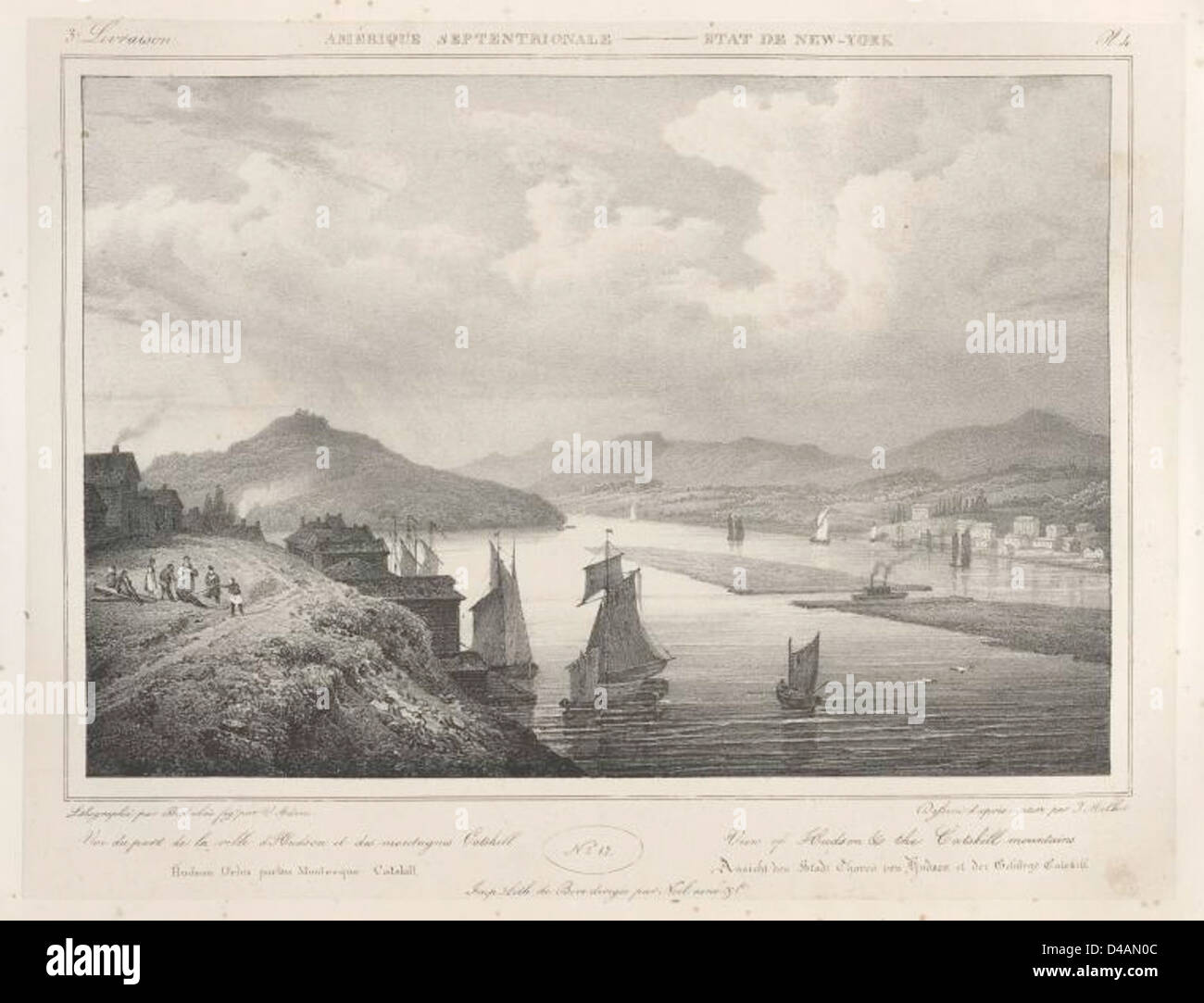 Ein Blick aus dem Jahr 1828 auf den Hudson River und die Catskill Mountains in New York, der die natürliche Landschaft aus der Region zeigt. Stockfoto