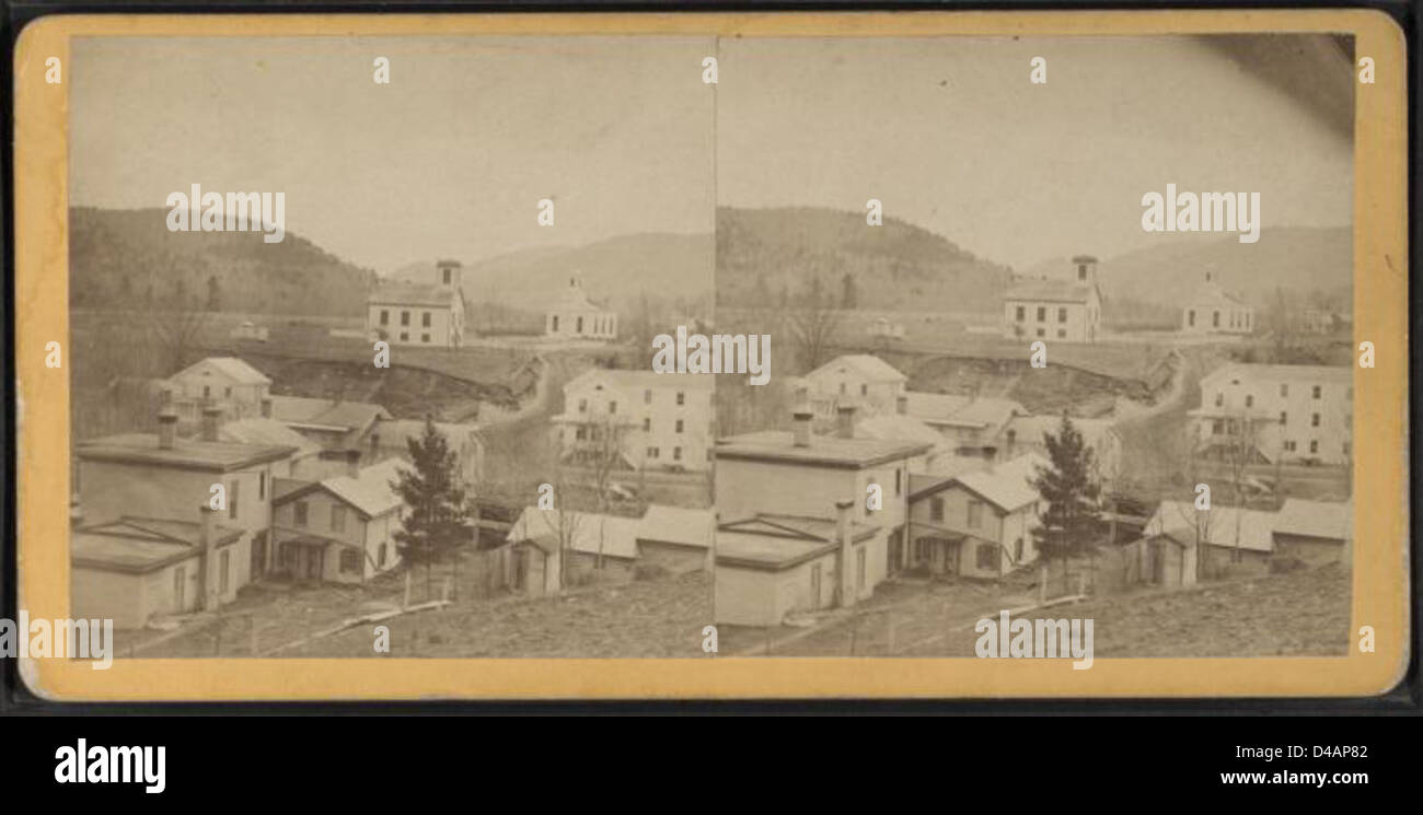 Ein Foto aus dem Jahr 1882, das Häuser im Essex County, New York, zeigt, wie ländliche Architektur und die Landschaft der Region während des späten 19. Jahrhunderts dargestellt werden. Stockfoto
