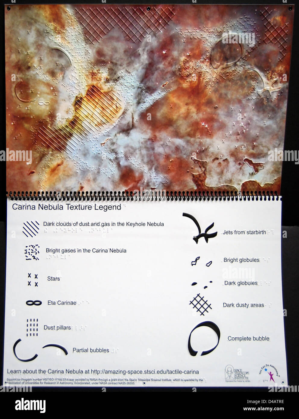 Das NASA-Forschungsprojekt Carina Nebula beteiligt sich an sehbehinderten Menschen, indem es ihnen ermöglicht, den Nebel mit Touch-basierten Modellen zu erleben. Das Projekt nutzt Daten des Hubble Space Telescope und des Goddard Space Flight Centers. Stockfoto