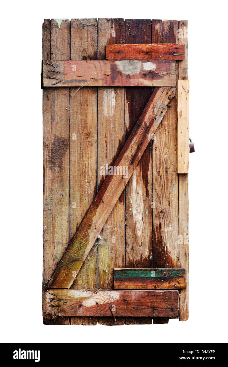 Alten verfallenen Holztür. Isoliert Stockfoto