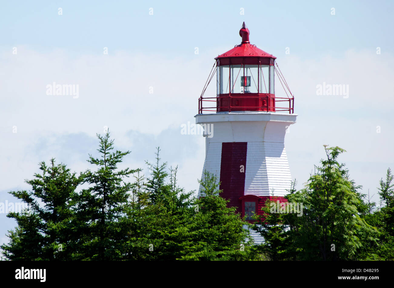 Die Laterne des East Quoddy Leuchtturm (auch Head Harbor Light genannt) erhebt sich über den Baumwipfeln. Stockfoto