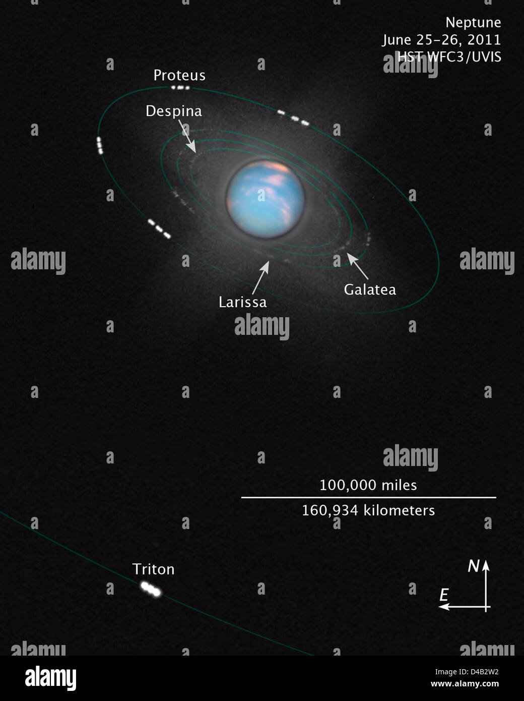 Eine Illustration der inneren Monde Neptuns, die 165 Jahre nach der Entdeckung des Planeten feiern. Das Bild zeigt Neptuns Mondsystem, das vom Hubble Space Telescope der NASA erfasst wurde. Stockfoto
