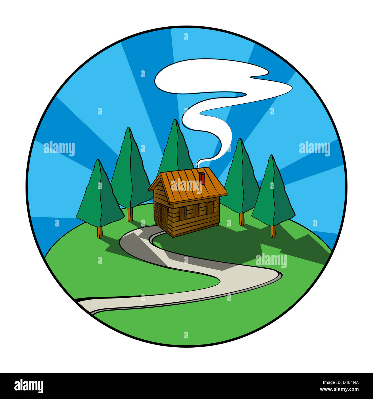 Holzhaus, Hütte im Wald. Grafisches Symbol. Stockfoto