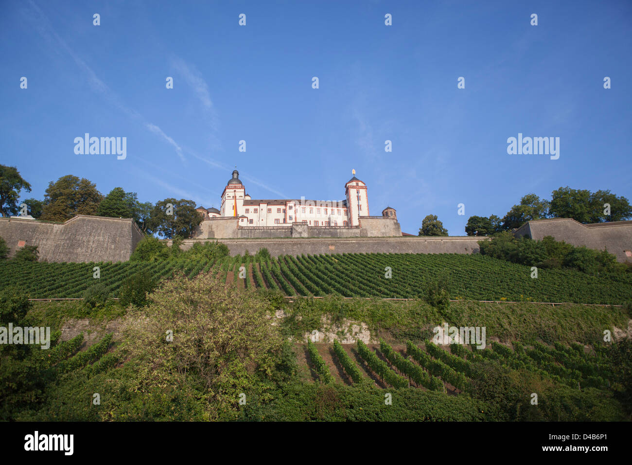 Aussicht auf Schloss Würzburg Würzburg: Marienburg Festung Schlossberg mit Wänden und Weinberge vor Stockfoto