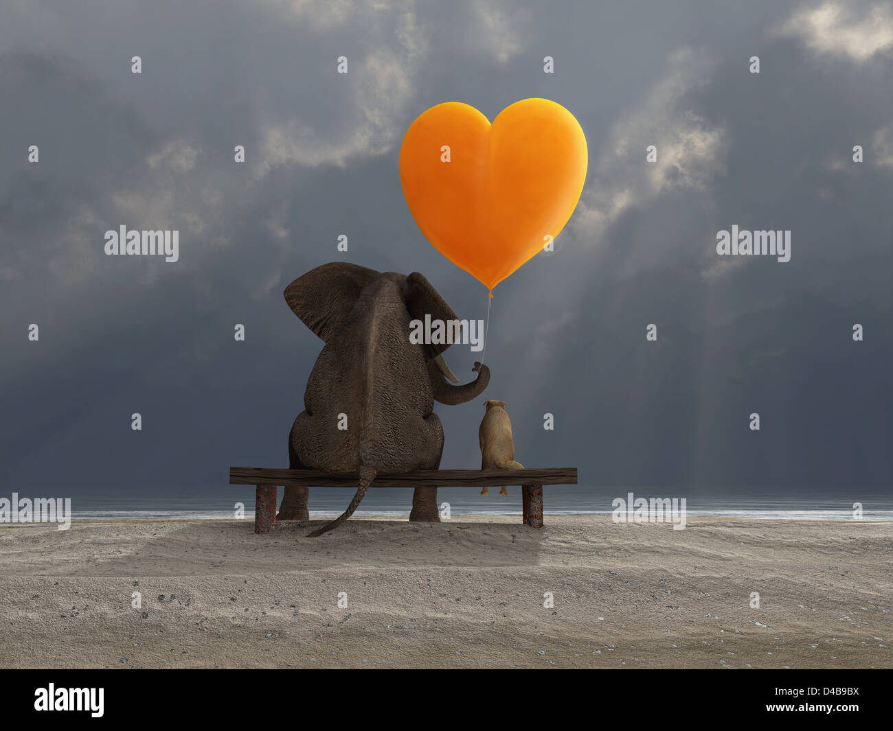 Elefant und Hund hält einen Ballon in Herzform Stockfoto