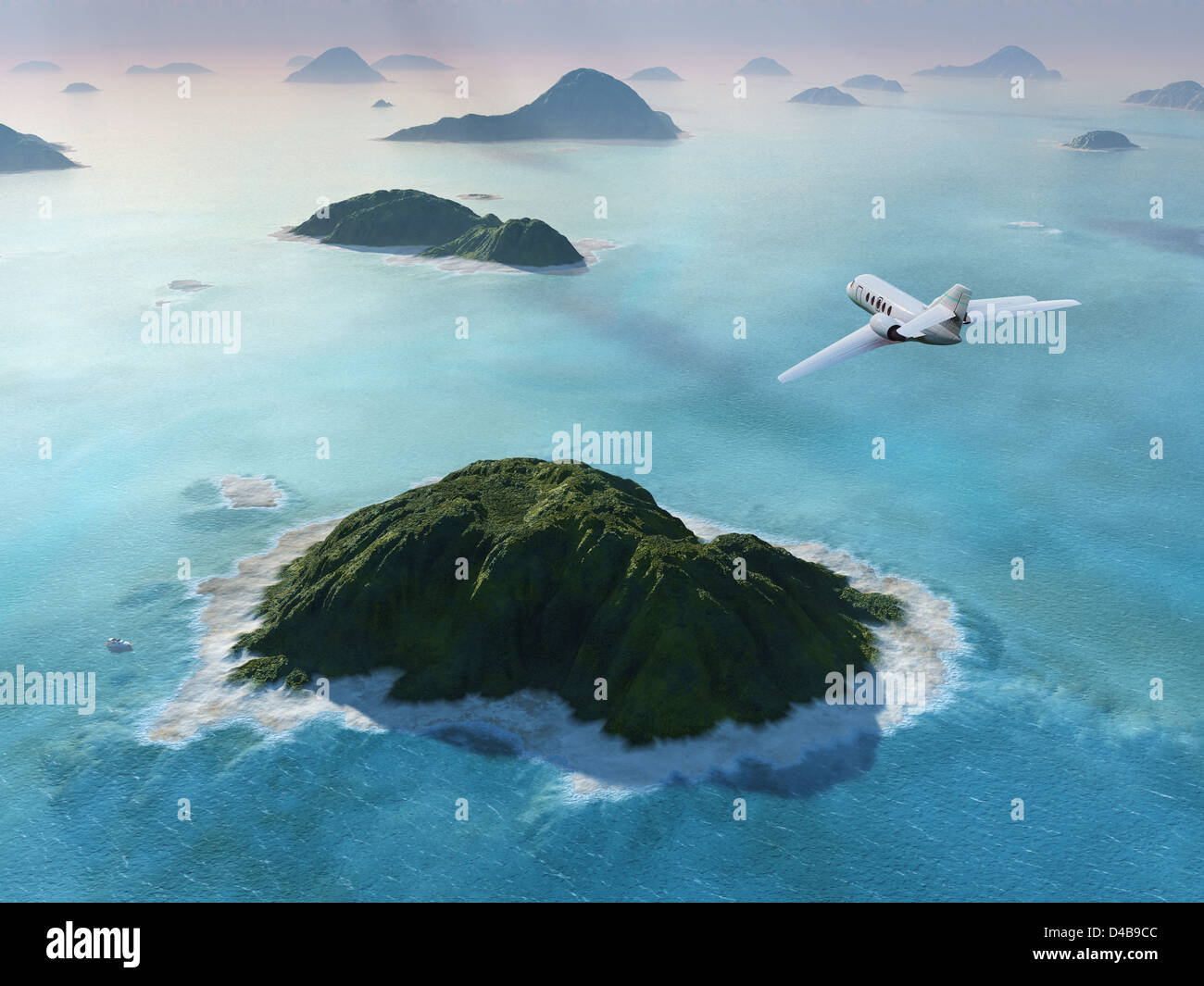 Flugzeuge fliegen über eine tropische Inseln Stockfoto