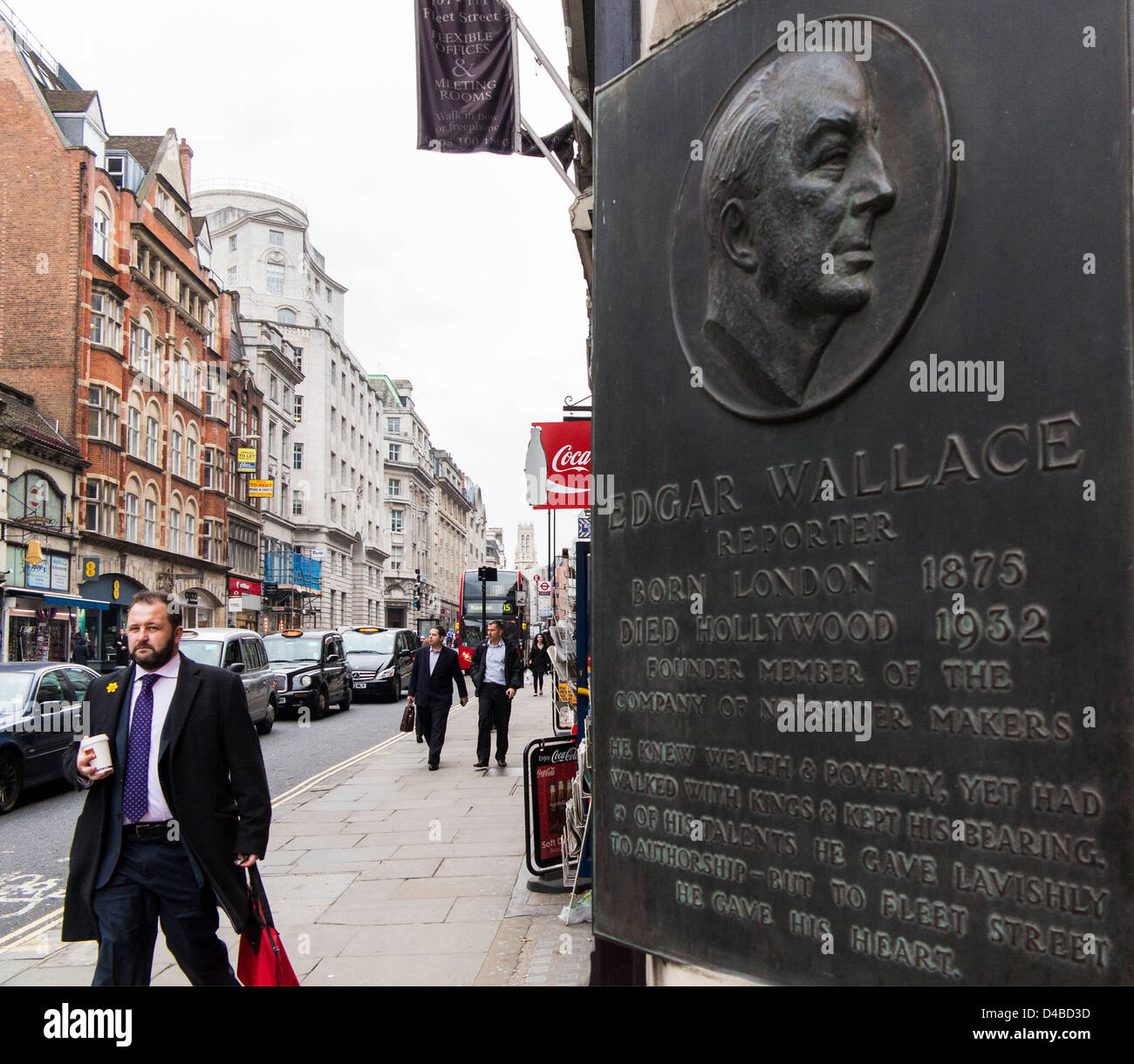 Edgar Wallace-Gedenktafel in Fleet Street, London, England Stockfoto