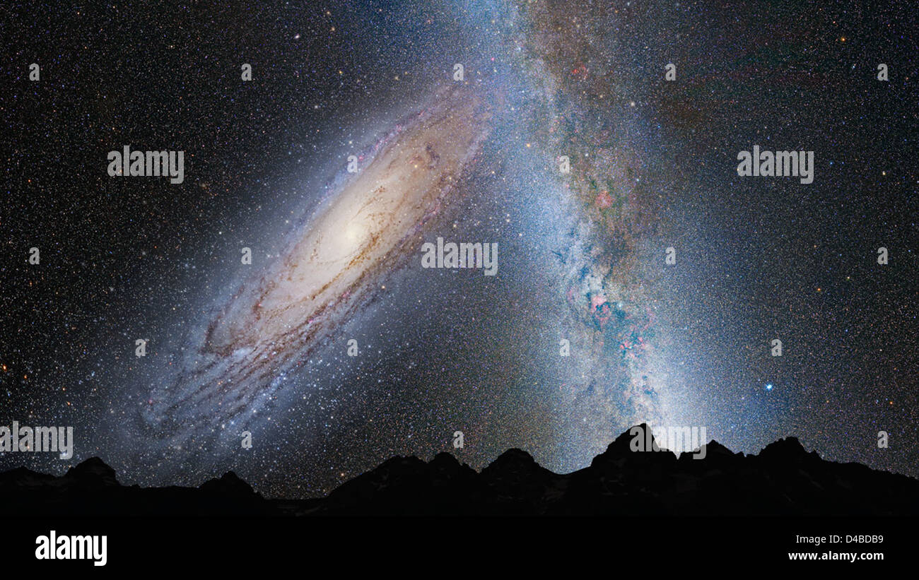 Das Hubble-Weltraumteleskop der NASA zeigt, dass sich die Milchstraße auf einem Kollisionskurs mit der Andromeda-Galaxie befindet, was das lange vorhergesagte kosmische Ereignis bestätigt. Stockfoto