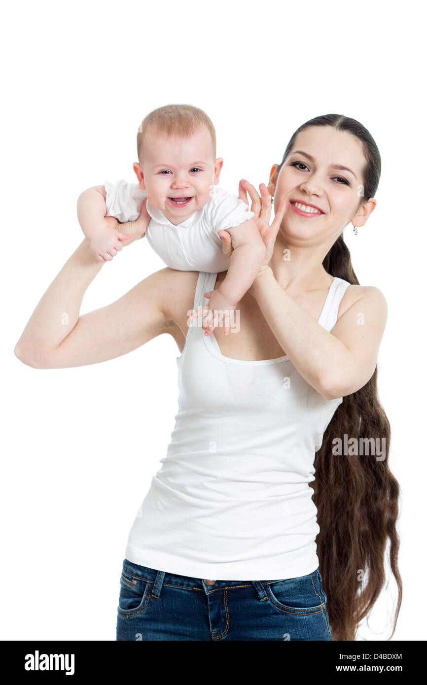 Mutter mit ihrem Baby auf weißem Hintergrund spielen Stockfoto