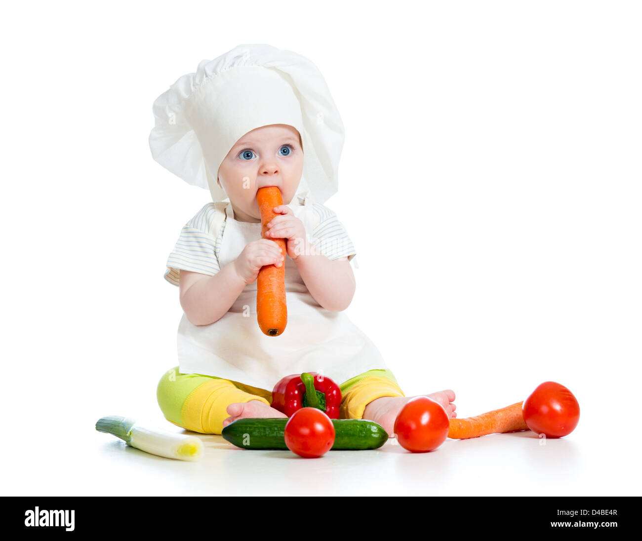 Küchenjunge Babymädchen isoliert auf weiss Stockfoto