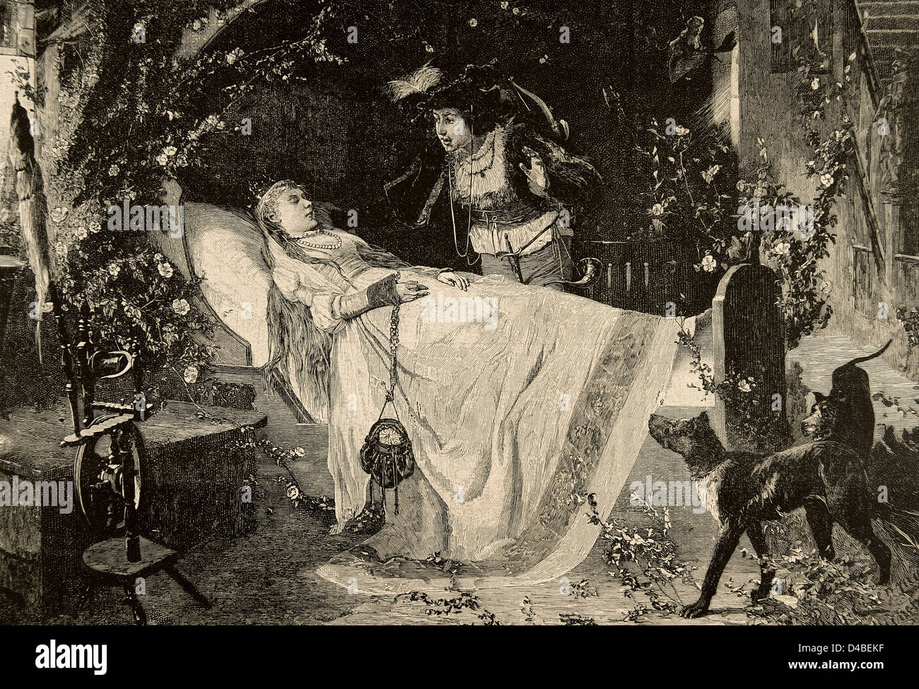 Die schlafende Schönheit. Das Wunder der Liebe. Gravur in der iberischen Abbildung, 1885. Stockfoto