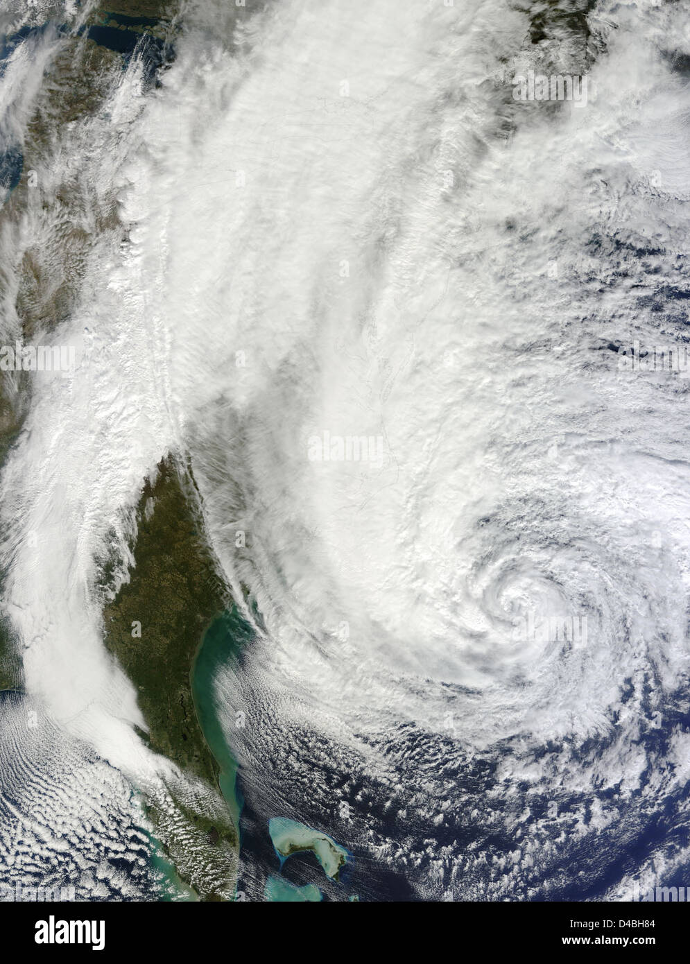 Das Goddard Space Flight Center der NASA machte atemberaubende Bilder des Hurrikans Sandy, der die Carolinas traf. Dieser historische Sturm verursachte im Jahr 2012 erhebliche Schäden im Osten der Vereinigten Staaten. Stockfoto