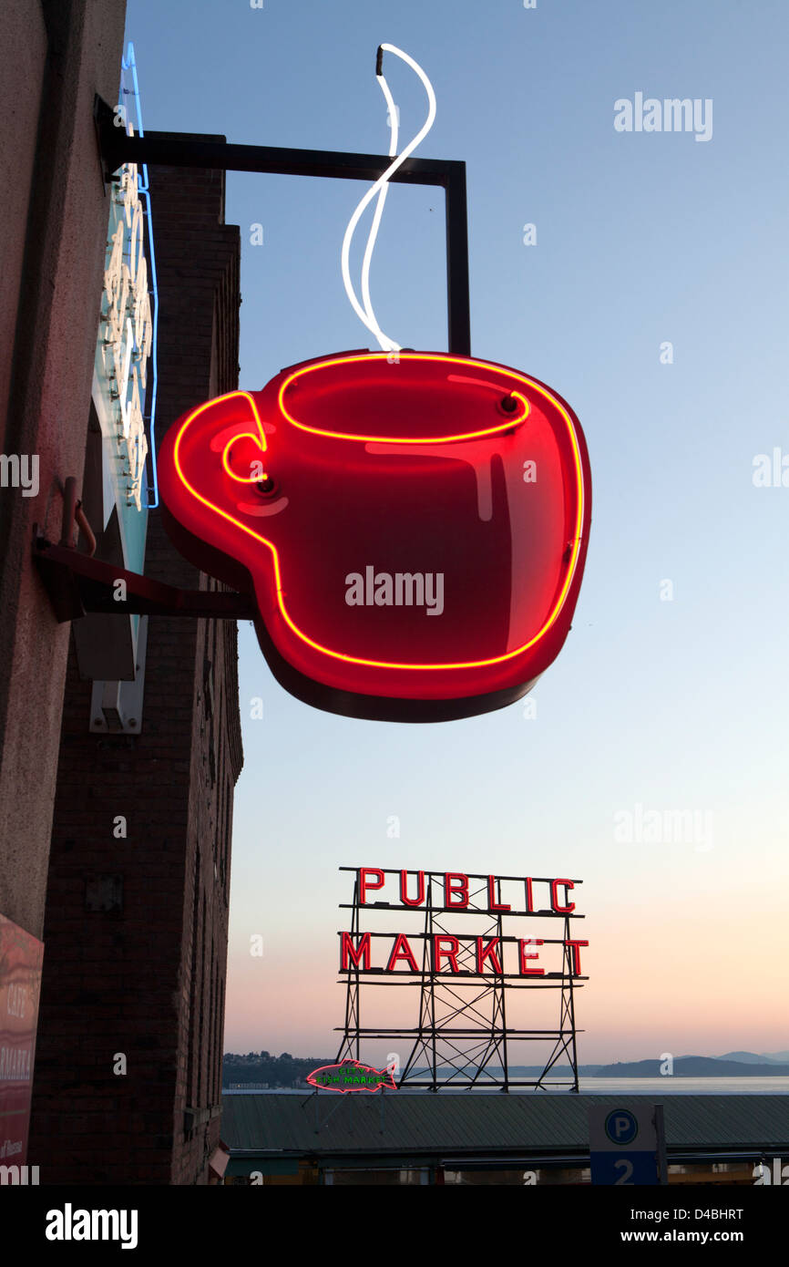 Pike Place Market Zeichen, Seattle, Washington, Vereinigte Staaten von Amerika, Nordamerika Stockfoto