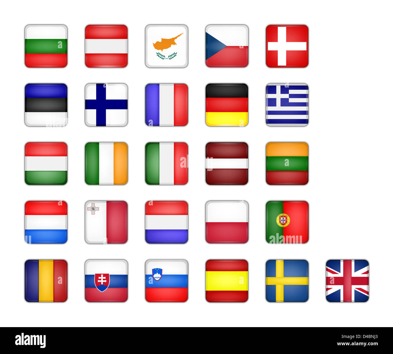 Satz von EU Flaggensymbol, Quadrat-Taste auf weißem Hintergrund Stockfoto