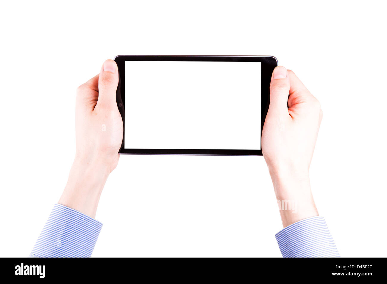 Männliche Hand, die einen Tablet-PC mit Platz für Sie Text isoliert auf weiss Stockfoto