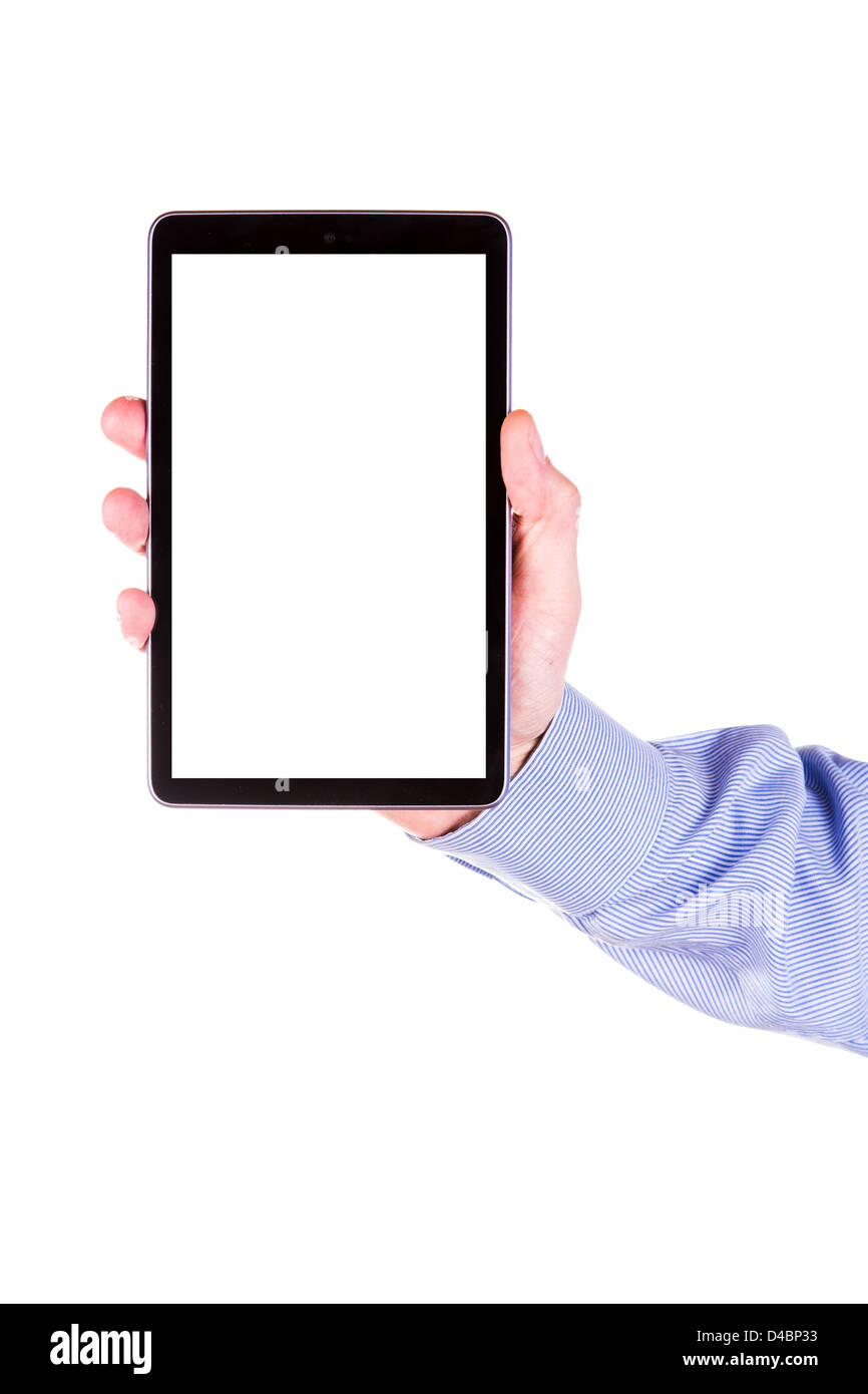Männliche Hand, die einen Tablet-PC mit Platz für Sie Text isoliert auf weiss Stockfoto
