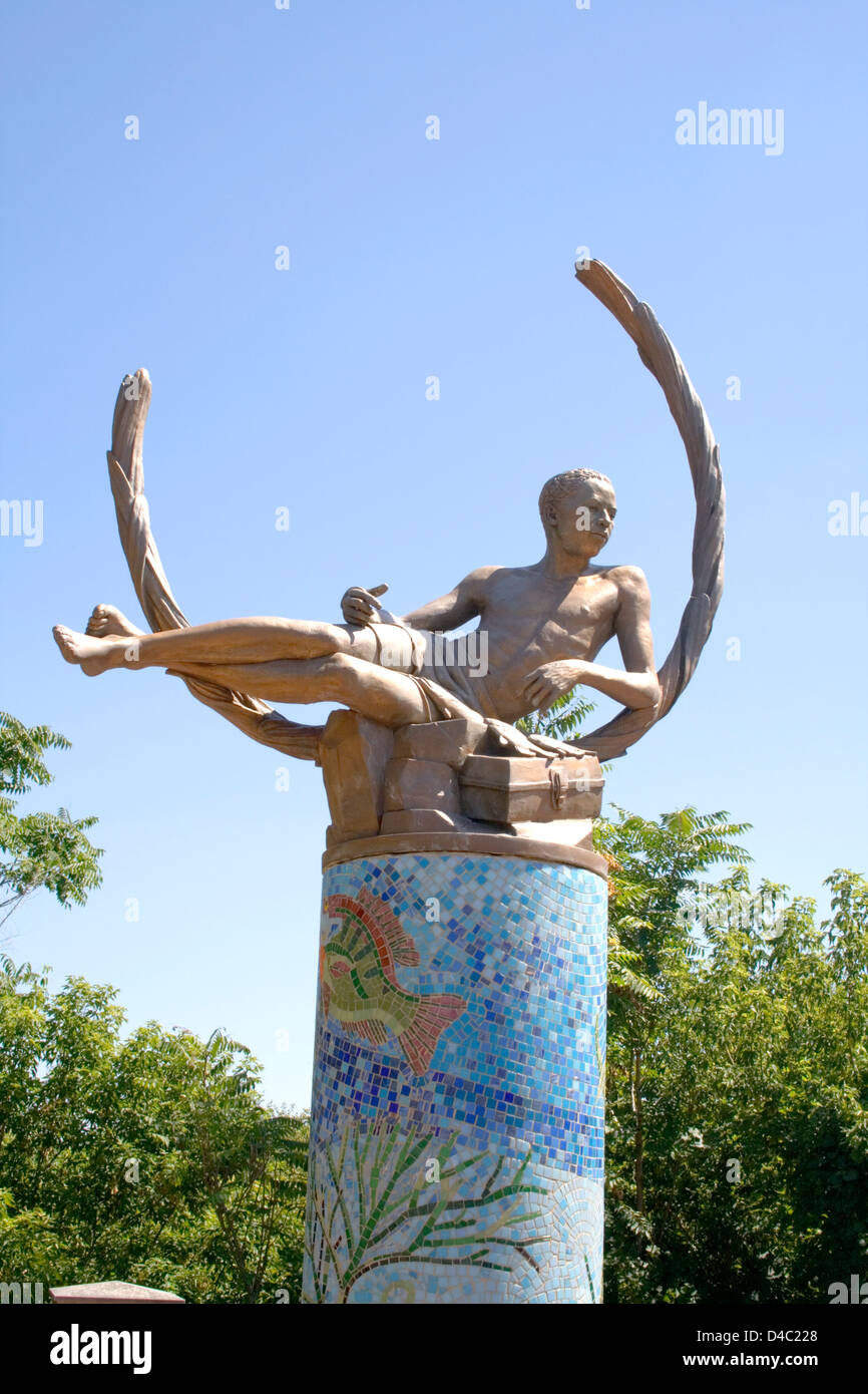 Mosaik eines jungen mit seinem Tackle Box und Stringer von Fischen. Route 66 Gemeinschaft öffentlichen Kunsttour, Joliet Illinois IL USA Stockfoto