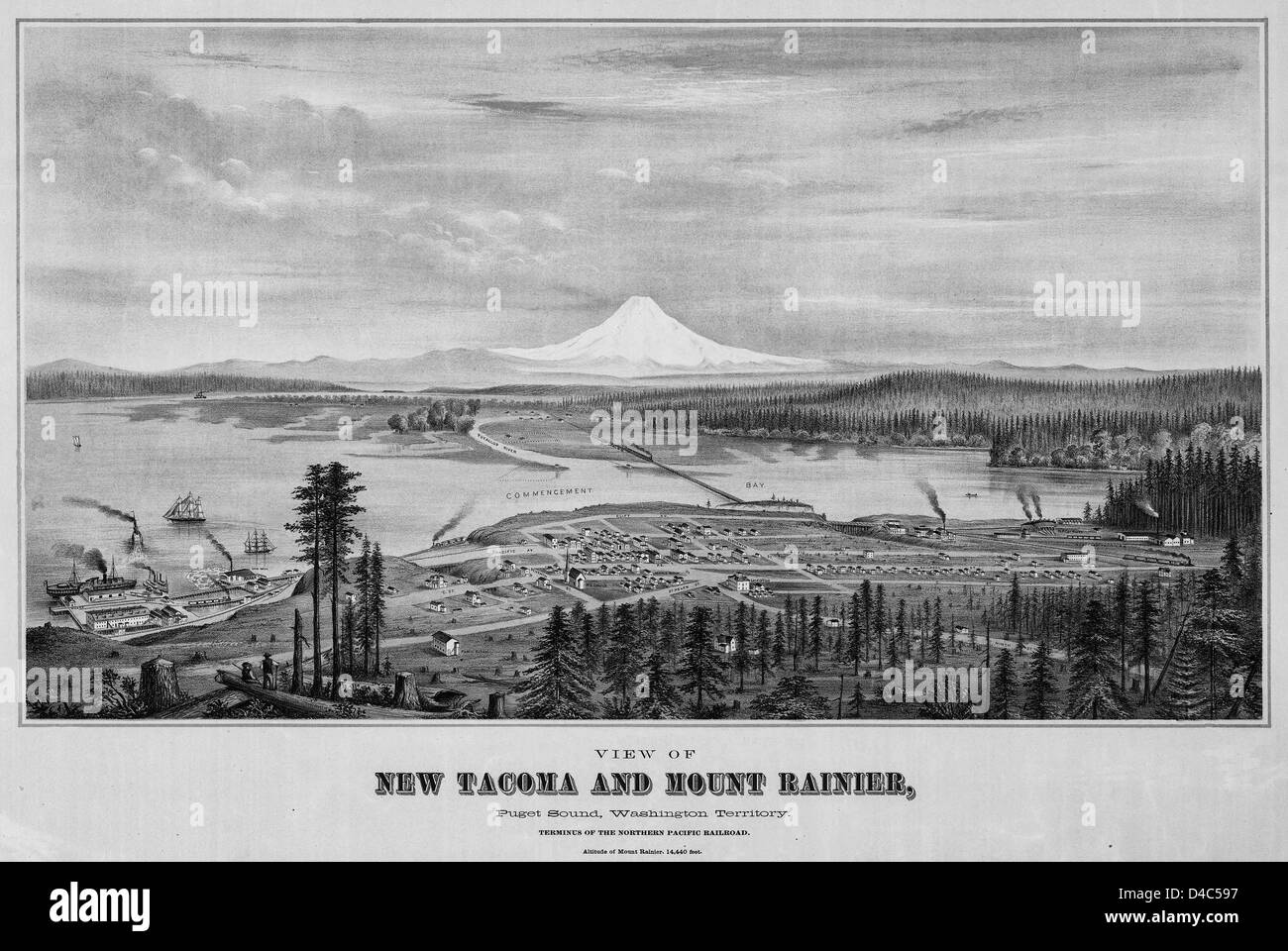 Kartenansicht der neuen Tacoma und Mount Rainier, Puget Sound, Washington-Territorium, ca. 1878 Stockfoto