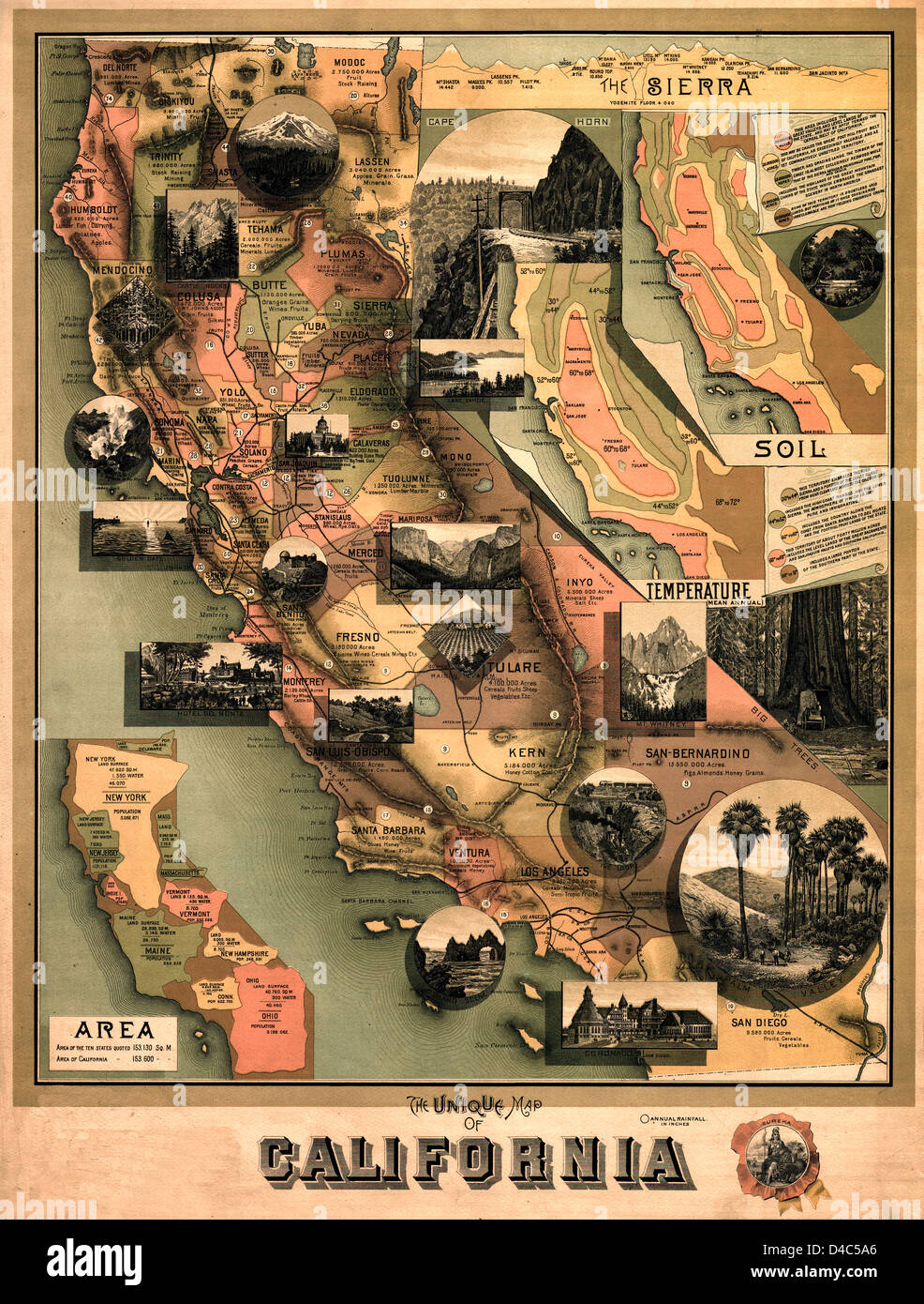 Die einzigartige Karte von Kalifornien. 1888. Karte zeigt Größe, Temperatur Boden und verschiedenen Regionen Stockfoto