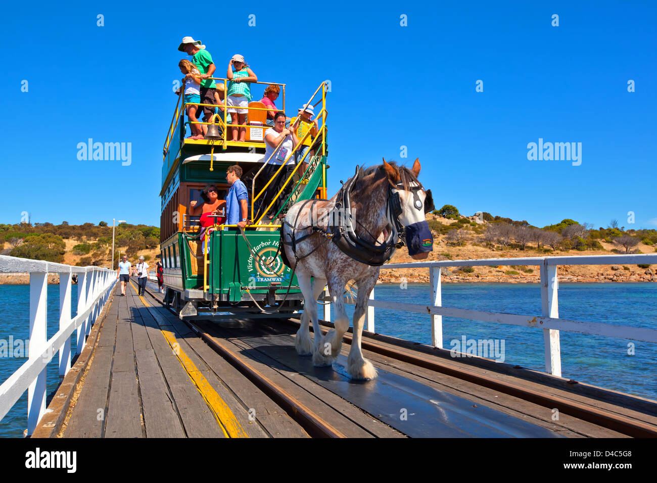 Granite Island Pferden gezogene Straßenbahn Menschen Tourismus Touristen Clydesdale historische Victor Harbor Fleurieu Peninsula South Australia Stockfoto