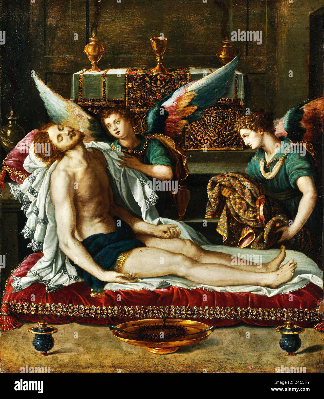 Alessandro Allori, den Körper von Christus gesalbt von zwei Engeln. Ca. 1593 Öl auf Leinwand. Museum of Fine Arts, Budapest Stockfoto