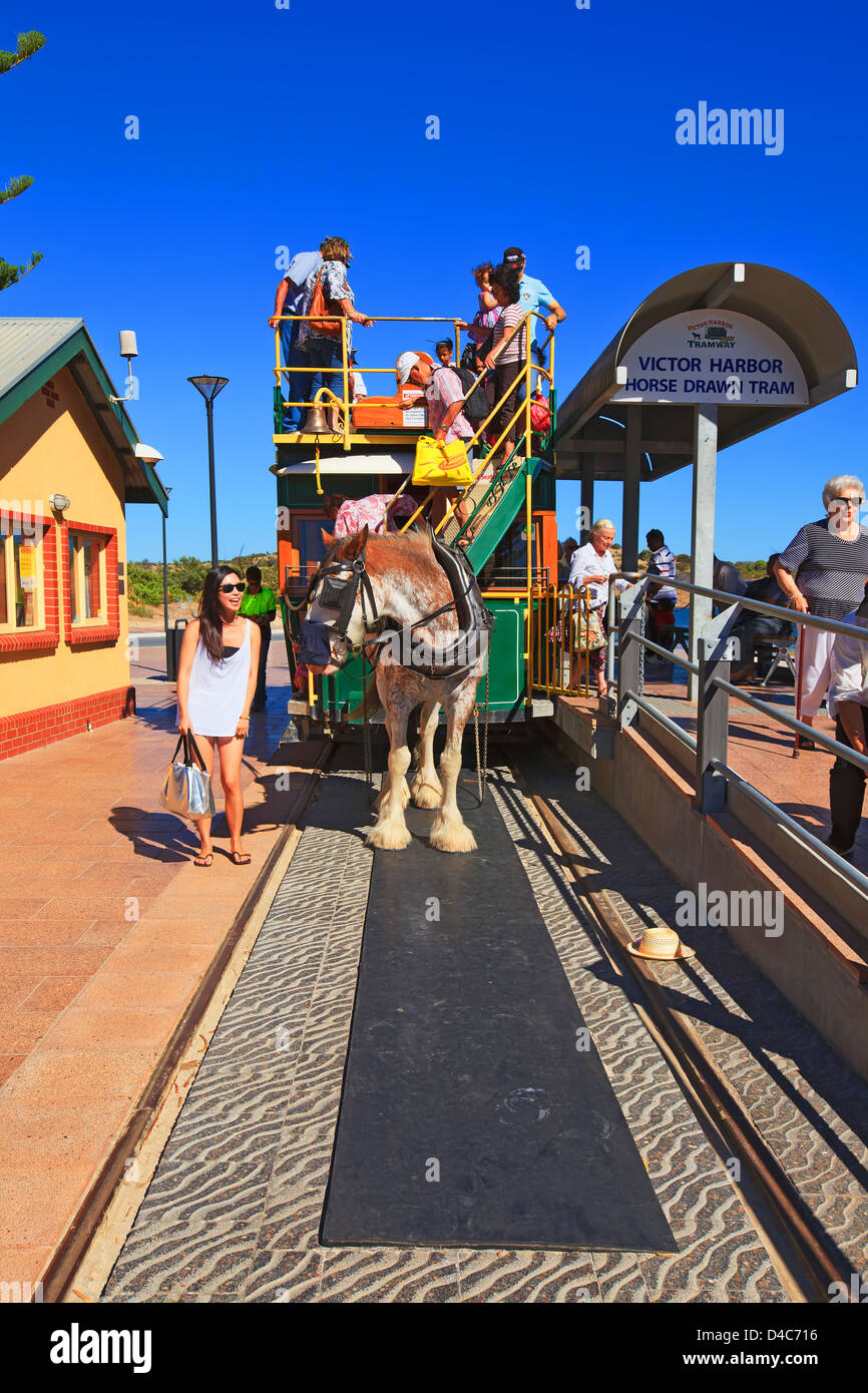 Granite Island Pferdekutsche Straßenbahn in Victor Harbor auf der Fleurieu-Halbinsel in South Australia Stockfoto