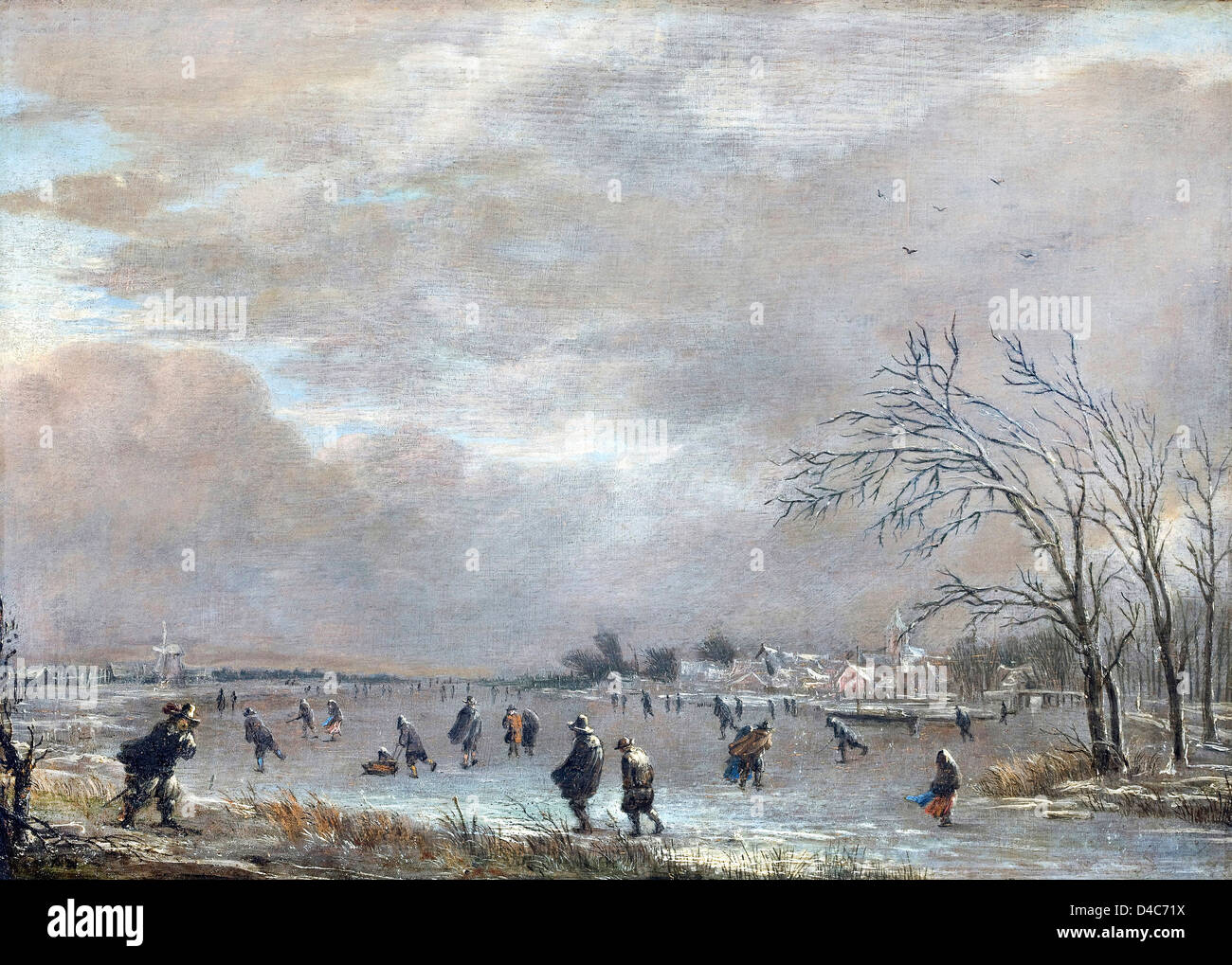 Aert van der Neer, Winterlandschaft mit Skatern auf einem gefrorenen Fluss. Öl auf Leinwand. Hallwyl Museum, Schweden Stockfoto