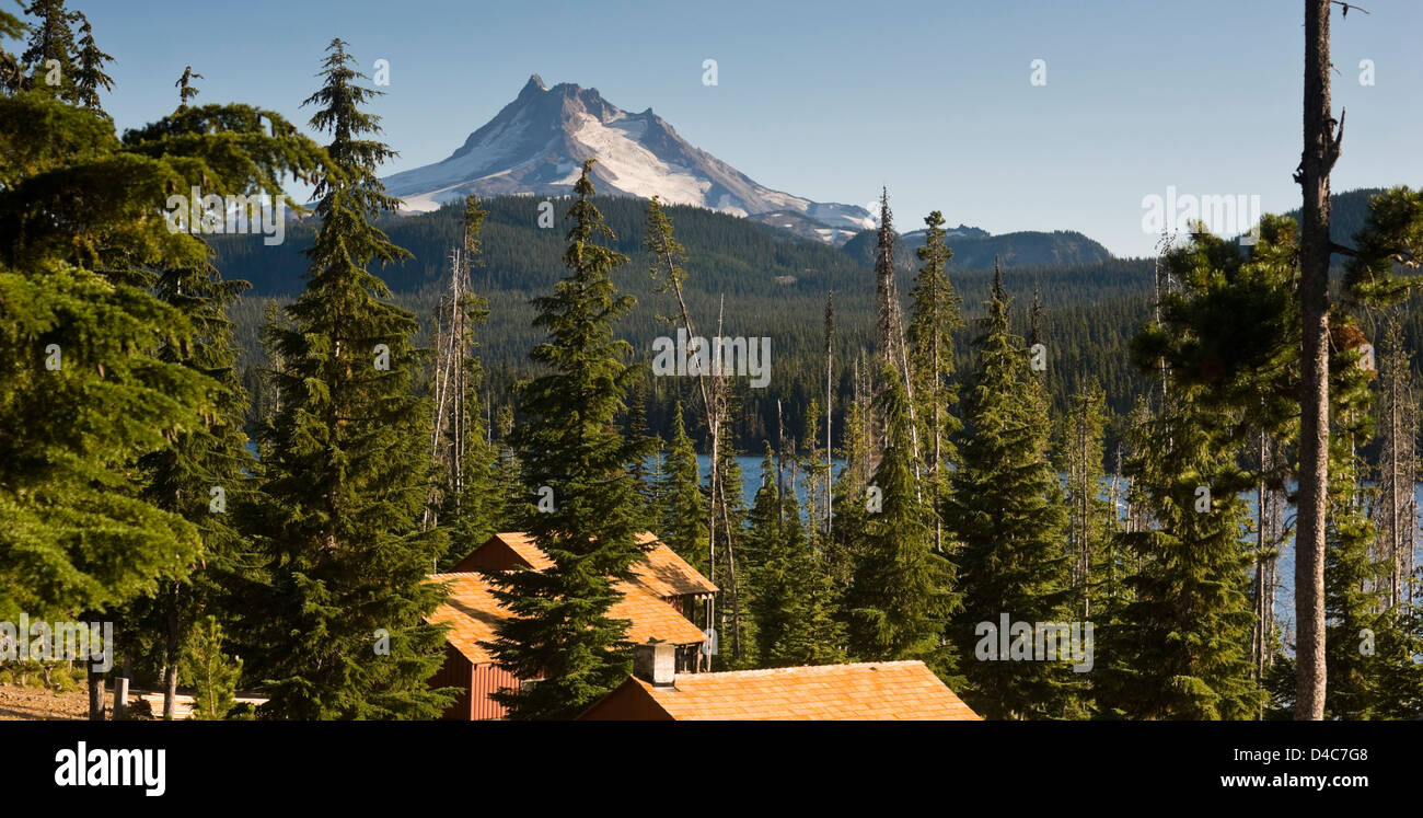 Lange Panoramablick über Bäume einer Kabine Dächer um Olallie See in der Nähe von Mount Jefferson Oregon State-Nordamerika Stockfoto Lange Panoramablick über Bäume einer Kabine Dächer um Olallie See in der Nähe von Mount Jefferson Oregon State-Nordamerika Stockfoto