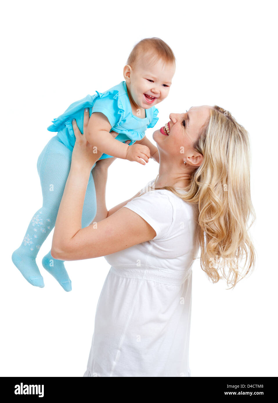 Mutter Holding niedlichen Baby auf weißem Hintergrund Stockfoto