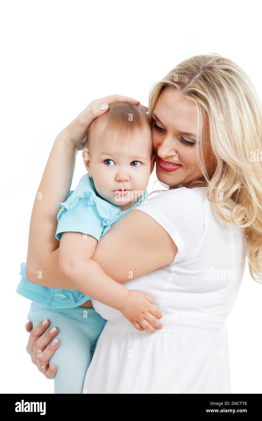 Porträt der liebenden Mutter und ihr Kind auf weißem Hintergrund Stockfoto