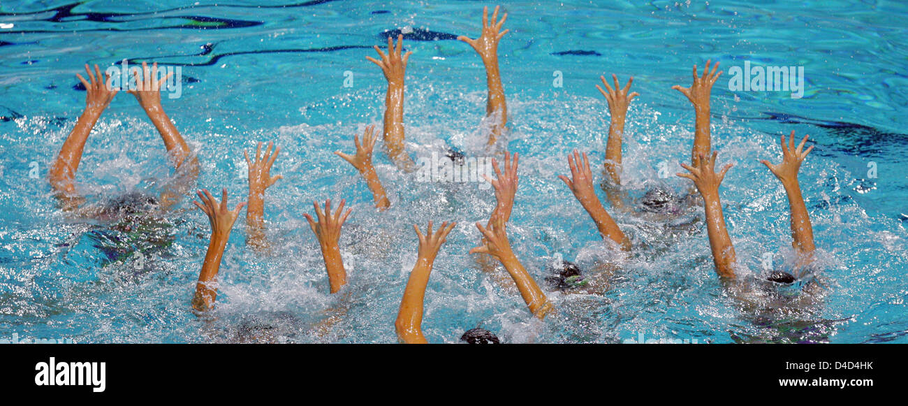 Das deutsche Synchronschwimmen Team ist während der freiwillige Übung bei den 29. LEN-Europameisterschaften in Eindhoven, Niederlande, 15. März 2008 abgebildet. Foto: BERND THISSEN Stockfoto